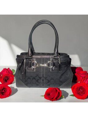 Coach Hamptons Belted Satchel 12297 Black Signature Canvas Leather Shoulder Bag